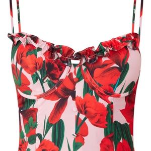 PLT Red floral print ruffle trim corset